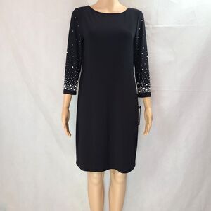 New NICOLE MILLER Woman's (M) Black Knit w/Pearl Embellishment 3/4 Sleeve Dress